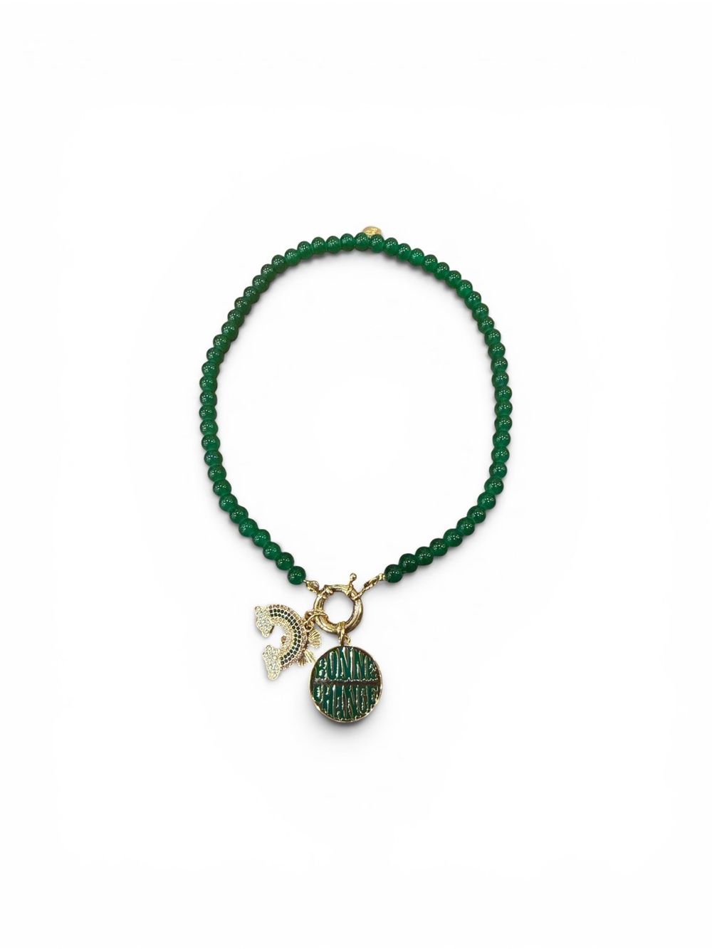 Plunder Green Beaded Necklace with Gold and Crystal Charms